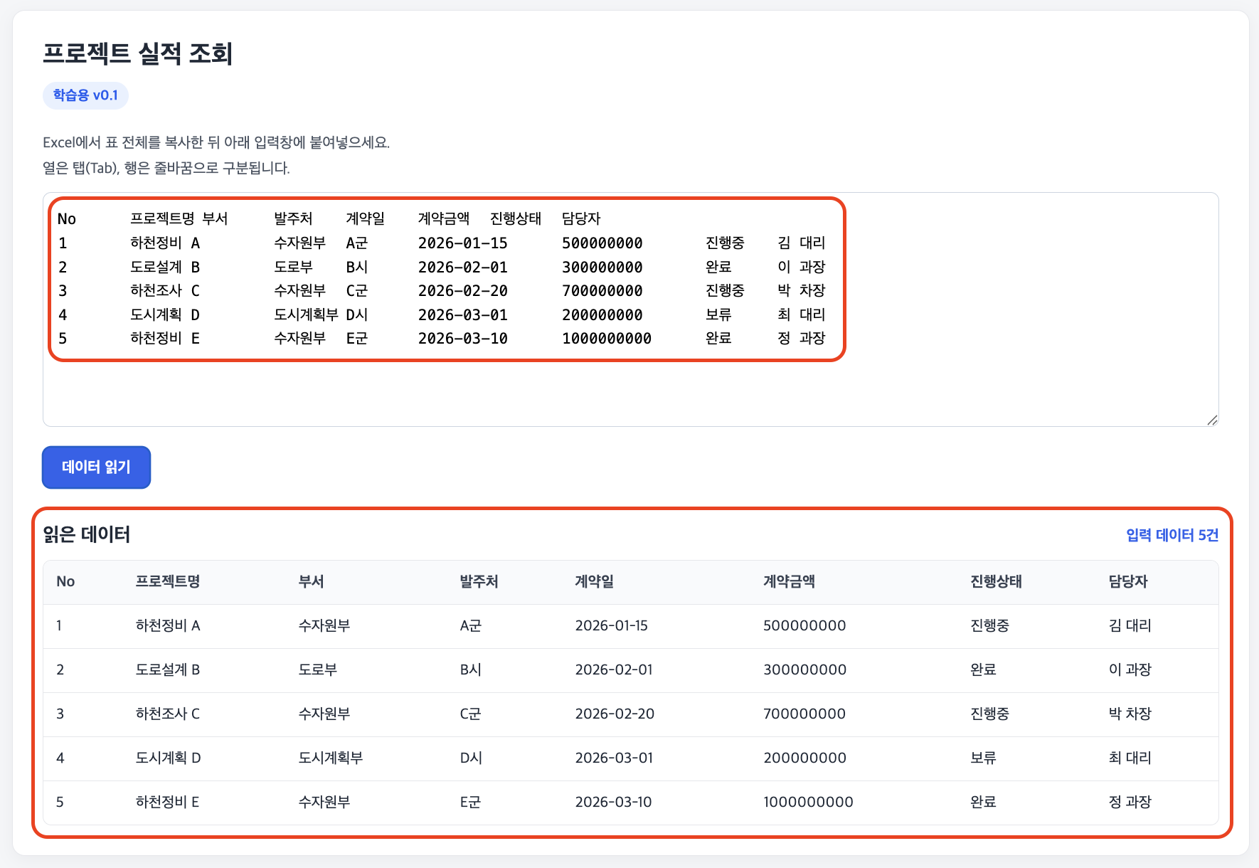 학습용 v0.1 웹툴에 테스트 데이터를 붙여넣고 '데이터 읽기'를 눌러 '입력 데이터 5건' 표가 나온 결과
