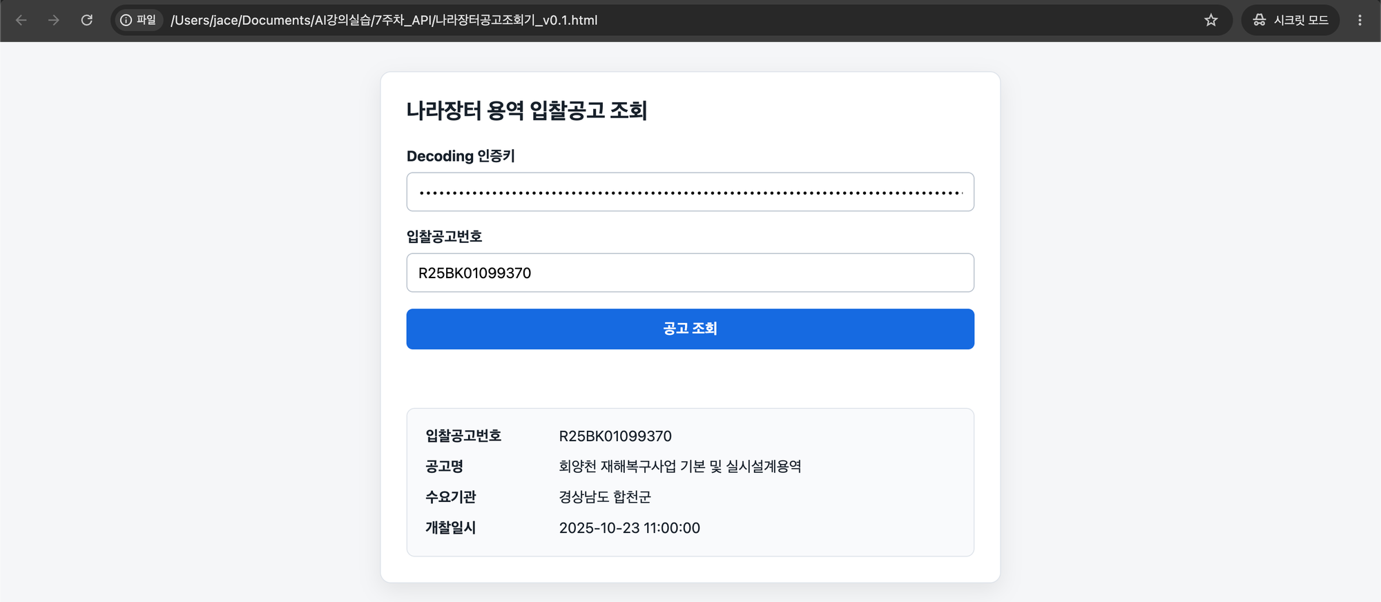 완성한 나라장터 용역 입찰공고 조회 웹툴에서 공고번호로 조회해 공고명·수요기관·개찰일시가 표시된 화면