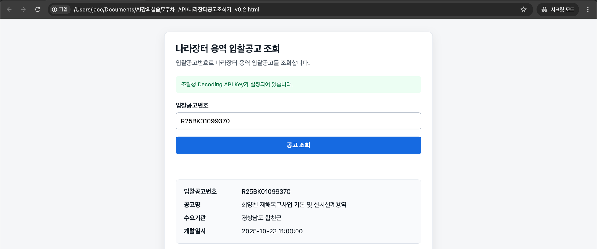 인증키 입력칸 대신 'Decoding API Key가 설정되어 있습니다' 안내가 뜨고 공고번호만으로 조회한 v0.2 화면